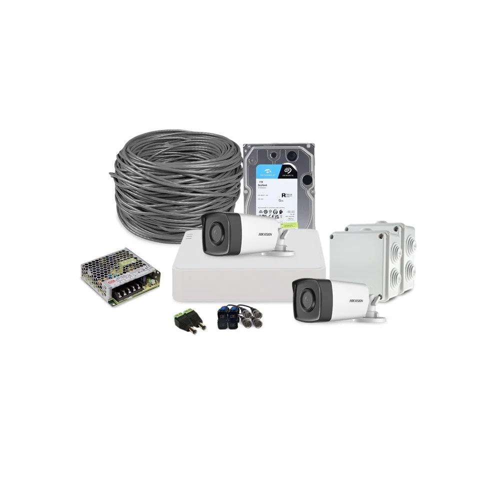Sistem supraveghere exterior complet HikVision, 2 camere, 2 MP, IR 40 m, 2.8 mm, HDD 1 TB