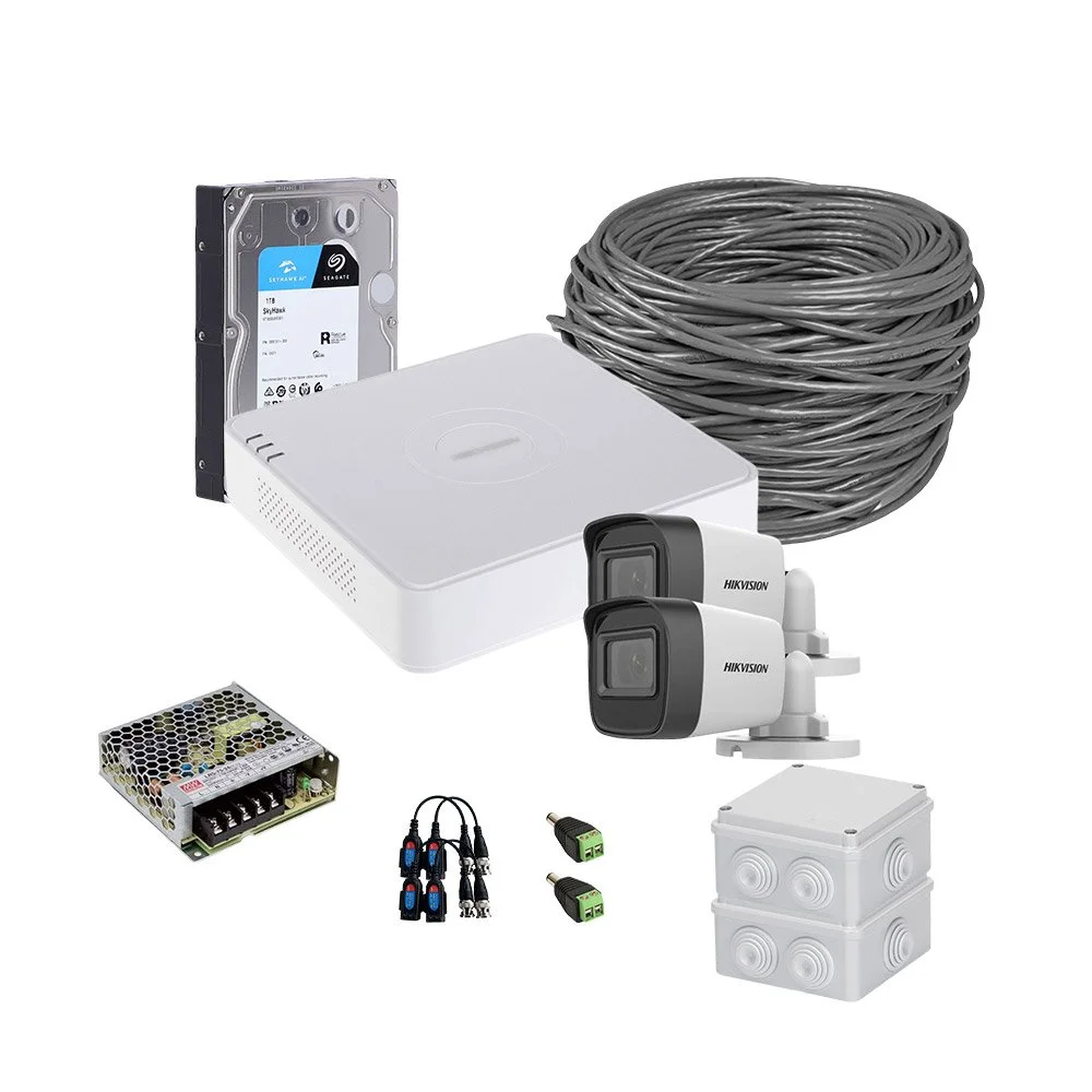 Sistem supraveghere exterior complet HikVision, 2 camere, 5 MP, IR 20 m, 2.8 mm, HDD 1TB