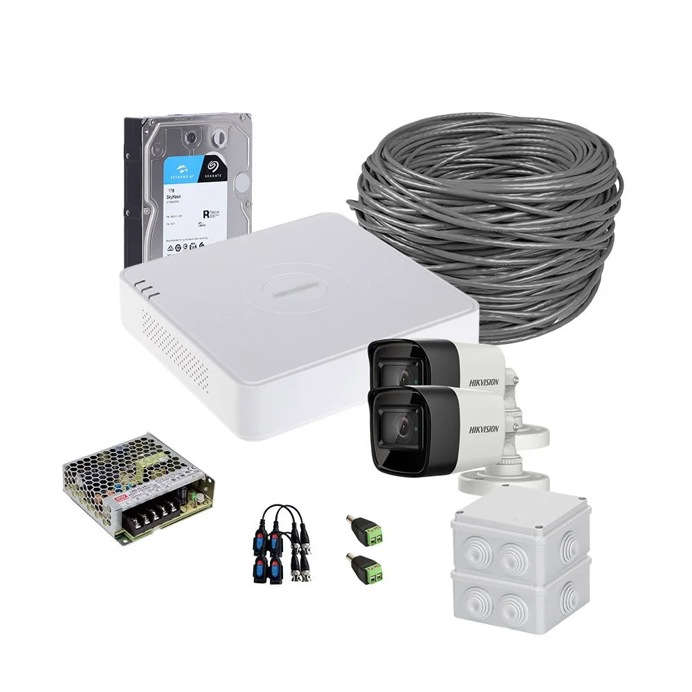 Sistem supraveghere exterior complet HikVision, 2 camere, 5 MP, IR 30 m, 2.8 mm, HDD 1TB