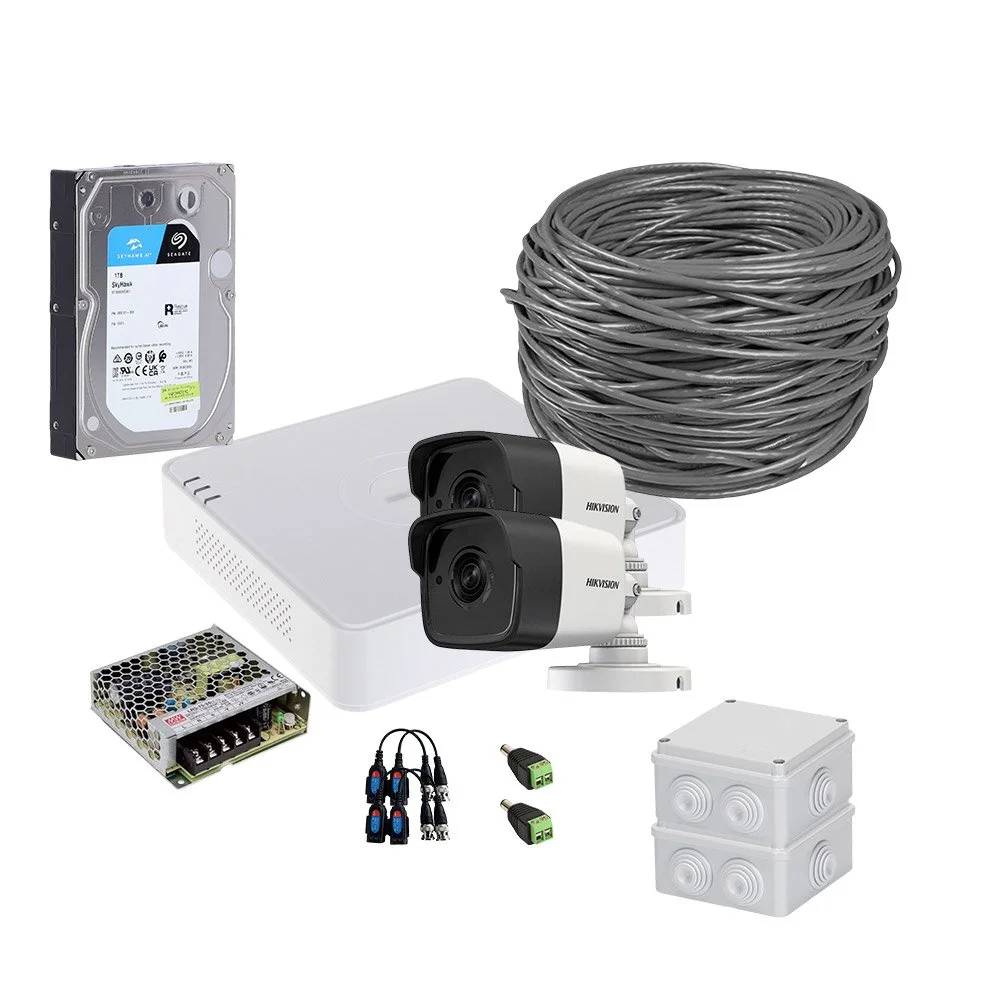 Sistem supraveghere exterior complet HikVision, 2 camere, 5 MP, IR 30 m, 2.8 mm, microfon, HDD 1TB