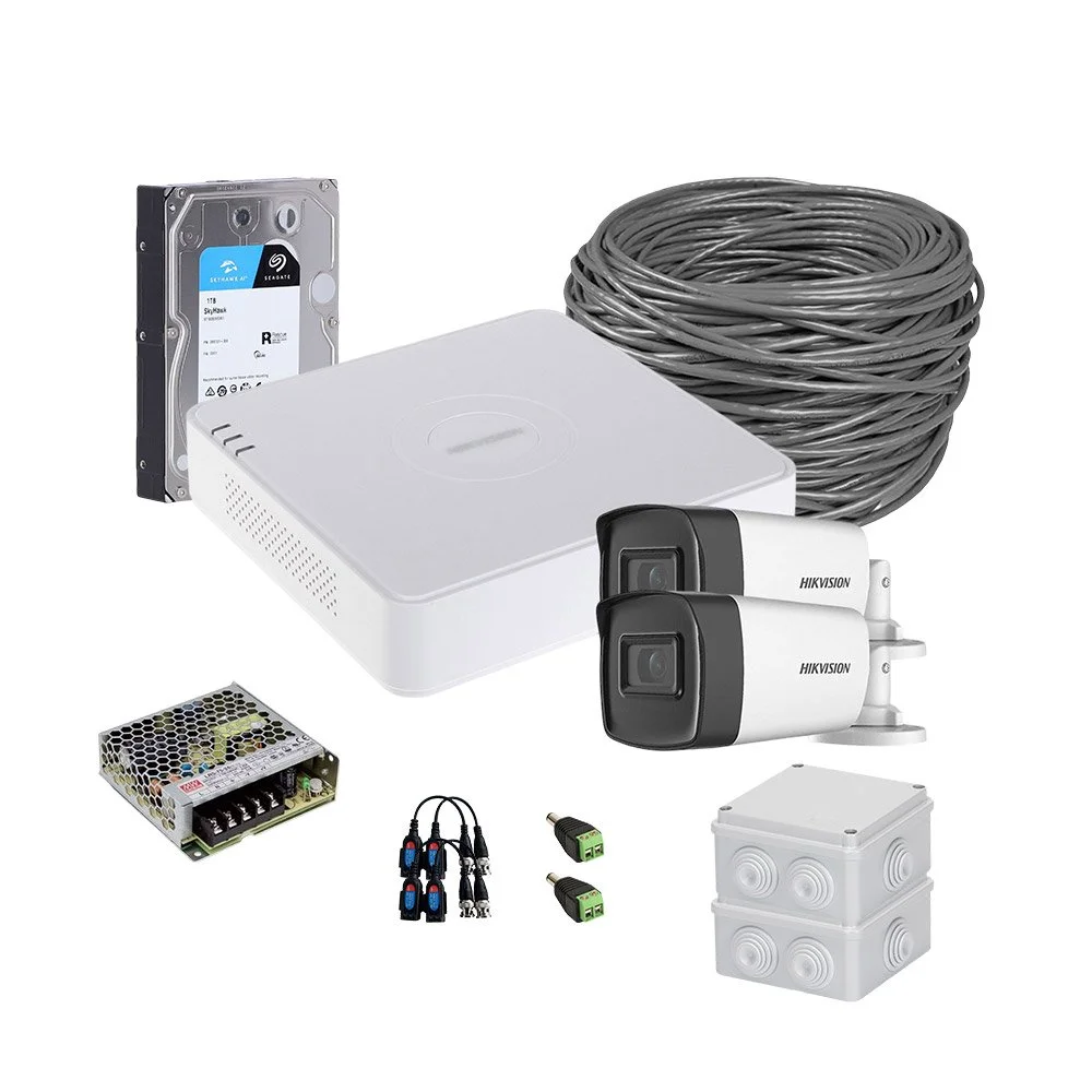 Sistem supraveghere exterior complet HikVision, 2 camere, 5 MP, IR 40 m, 2.8 mm, microfon, HDD 1TB