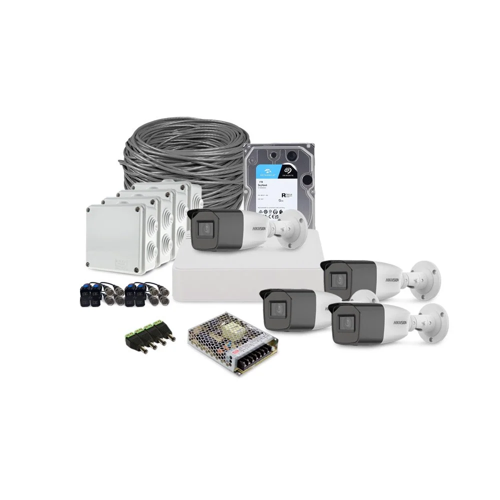 Sistem supraveghere exterior complet HikVision, 4 camere, 2 MP, IR 40 m, 2.7 - 13.5 mm, zoom manual, HDD 1 TB