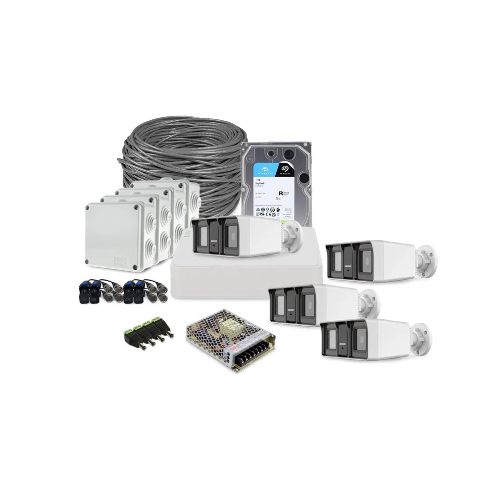 Sistem supraveghere exterior complet HikVision, 4 camere, 2 MP, IR/lumina alba 60 m, 2.8 mm, microfon, HDD 1 TB