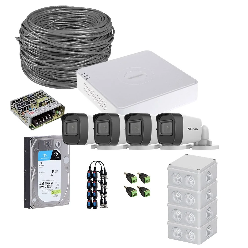 Sistem supraveghere exterior complet HikVision, 4 camere, 5 MP, IR 20 m, 2.8 mm, HDD 1TB