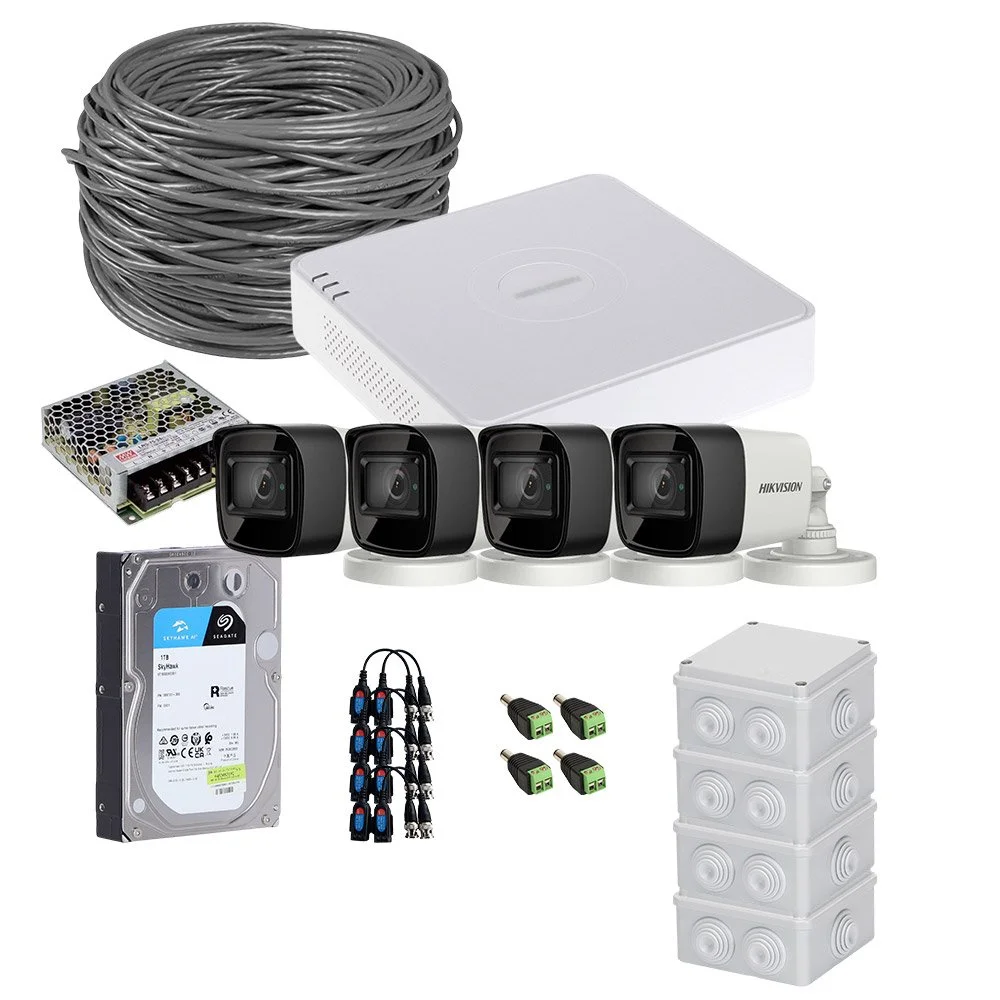 Sistem supraveghere exterior complet HikVision, 4 camere, 5 MP, IR 30 m, 2.8 mm, HDD 1TB