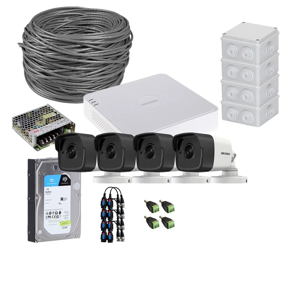 Sistem supraveghere exterior complet HikVision, 4 camere, 5 MP, IR 30 m, 2.8 mm, microfon, HDD 1TB