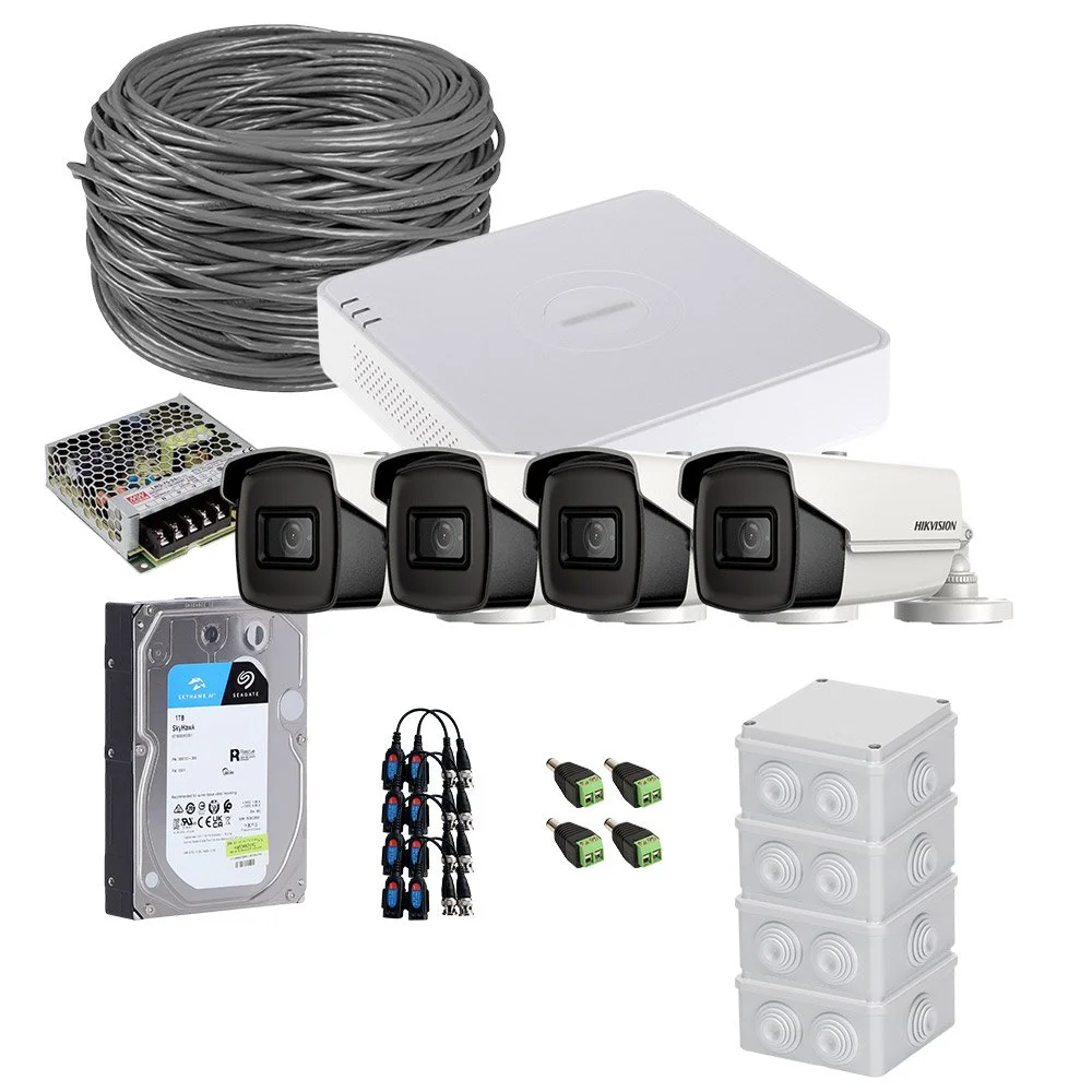 Sistem supraveghere exterior complet HikVision, 4 camere, 5 MP, IR 60 m, 2.8 mm, HDD 1TB