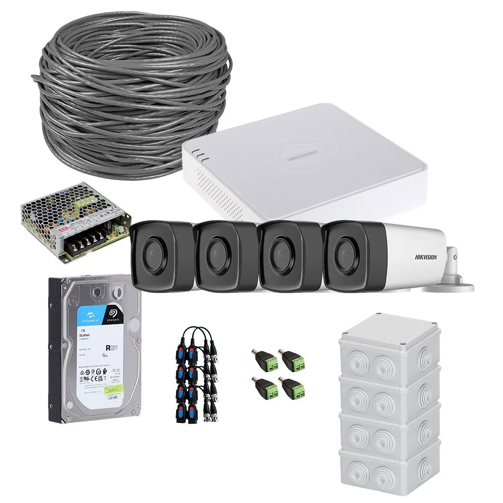 Sistem supraveghere exterior complet HikVision, 4 camere, 5 MP, IR 80 m, 3.6 mm, HDD 1TB