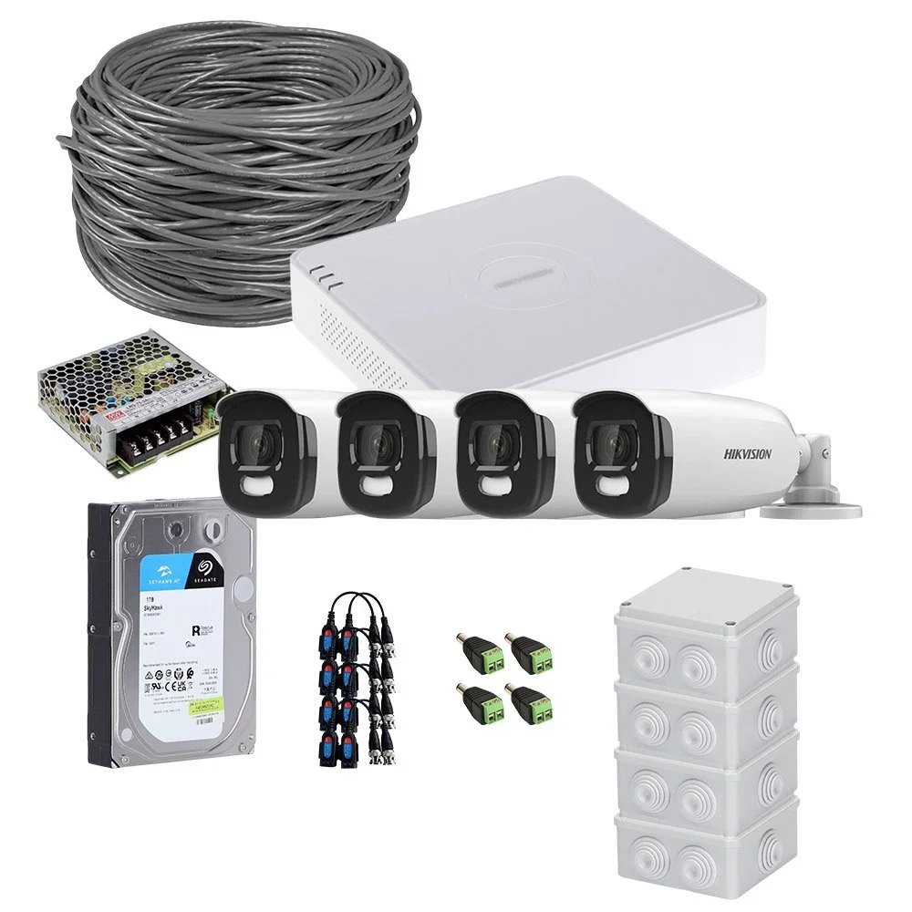 Sistem supraveghere exterior complet HikVision, 4 camere, 5 MP, lumina alba 40 m, 2.8 mm, HDD 1TB