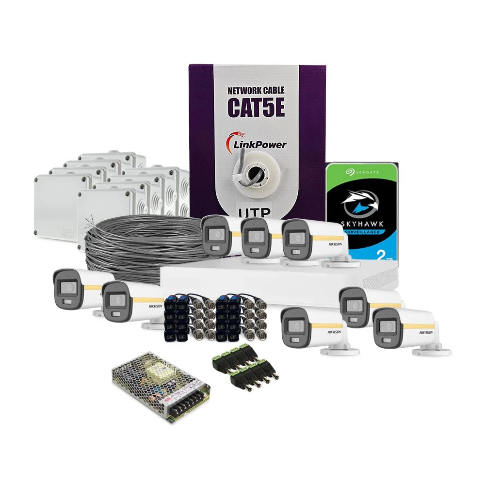 Sistem supraveghere exterior complet HikVision, 8 camere, 2 MP, 2.8 mm, IR/Lumina alba 30/20 m, PoC, microfon, HDD 2 TB