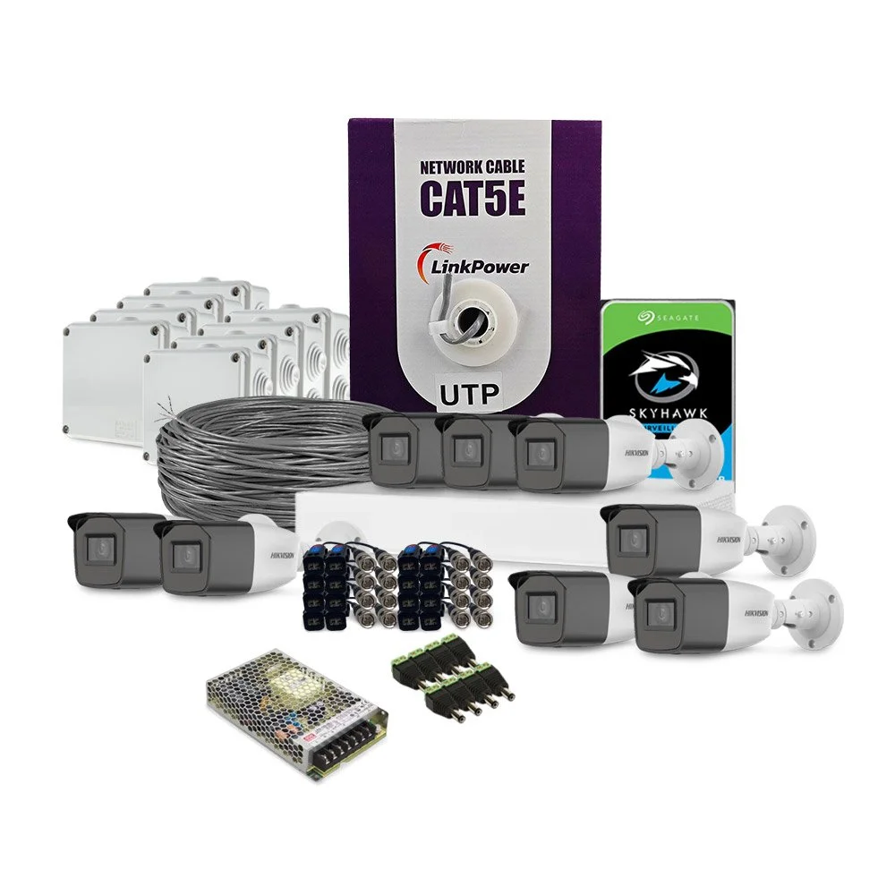 Sistem supraveghere exterior complet HikVision, 8 camere, 2 MP, 2.8 mm, IR/lumina alba 40 m, microfon, HDD 2 TB