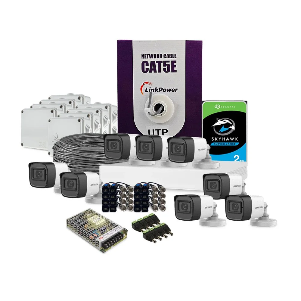 Sistem supraveghere exterior complet HikVision, 8 camere, 2 MP, IR 30 m, 2.8 mm, microfon, HDD 2 TB