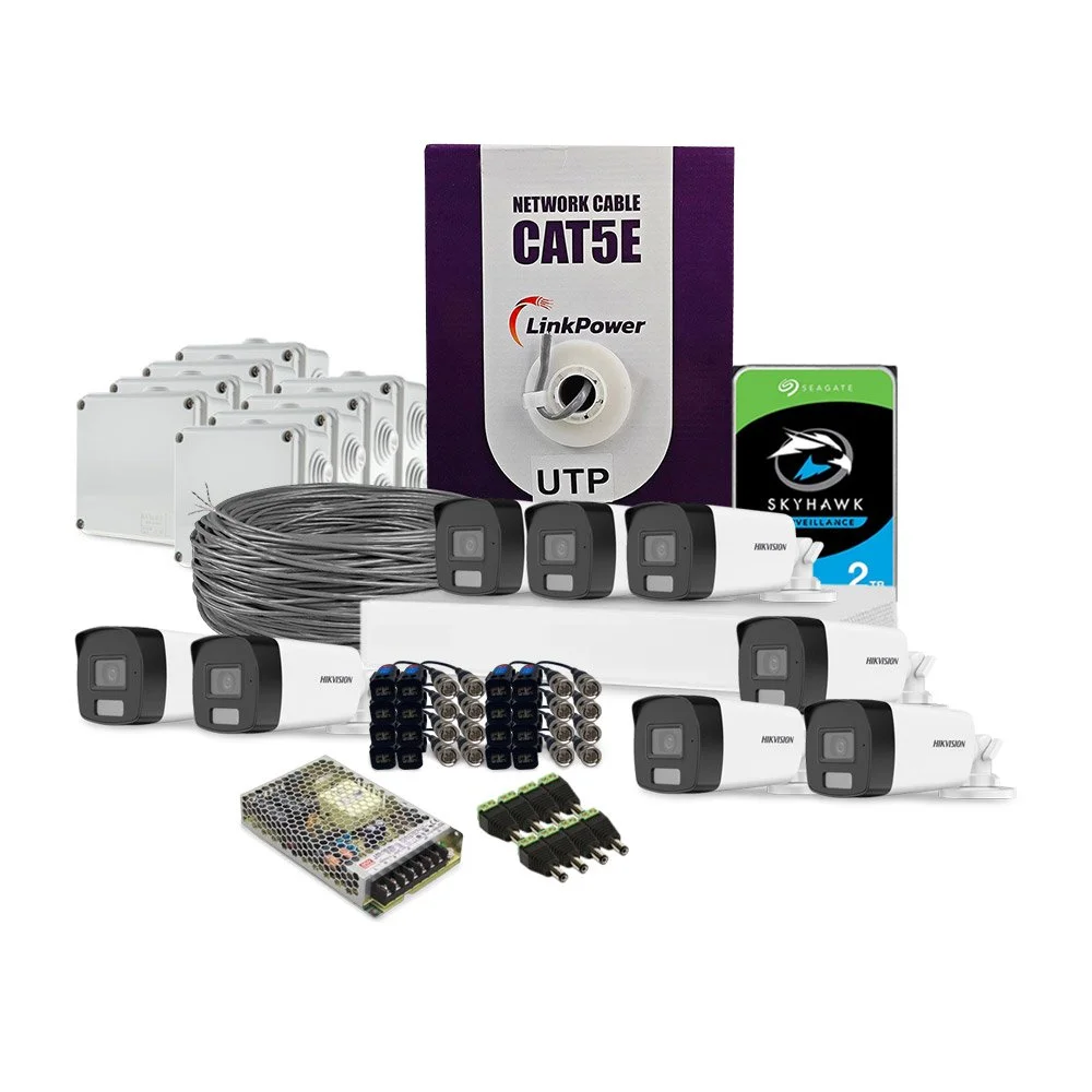 Sistem supraveghere exterior complet HikVision, 8 camere, 2 MP, IR 40 m, lumina alba 40 m, 2.8 mm, microfon, HDD 2 TB