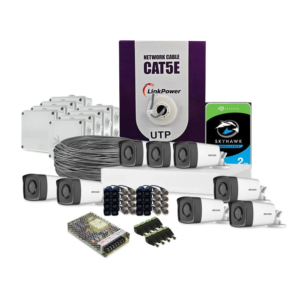 Sistem supraveghere exterior complet HikVision, 8 camere, 2 MP, IR 80 m, 3.6 mm, HDD 2 TB