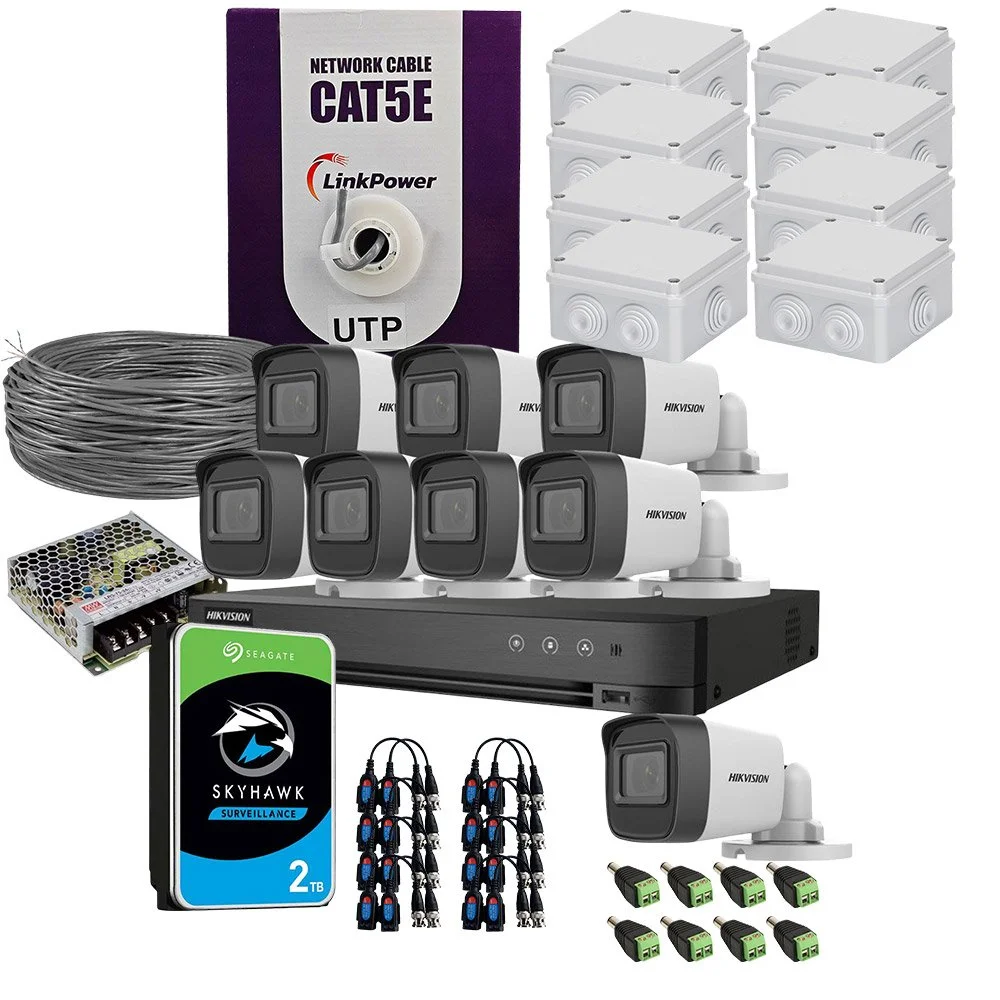 Sistem supraveghere exterior complet HikVision, 8 camere, 5 MP, IR 20 m, 2.8 mm, HDD 2TB