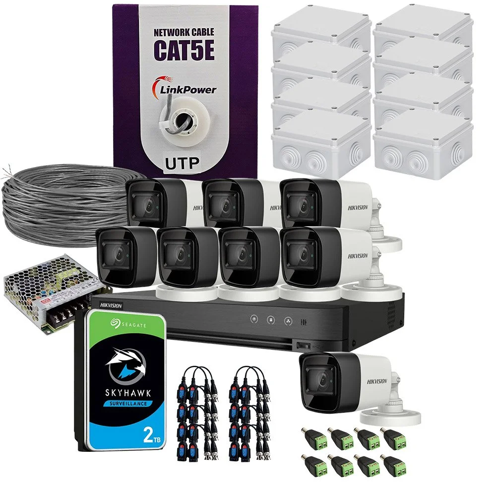 Sistem supraveghere exterior complet HikVision, 8 camere, 5 MP, IR 30 m, 2.8 mm, HDD 2TB