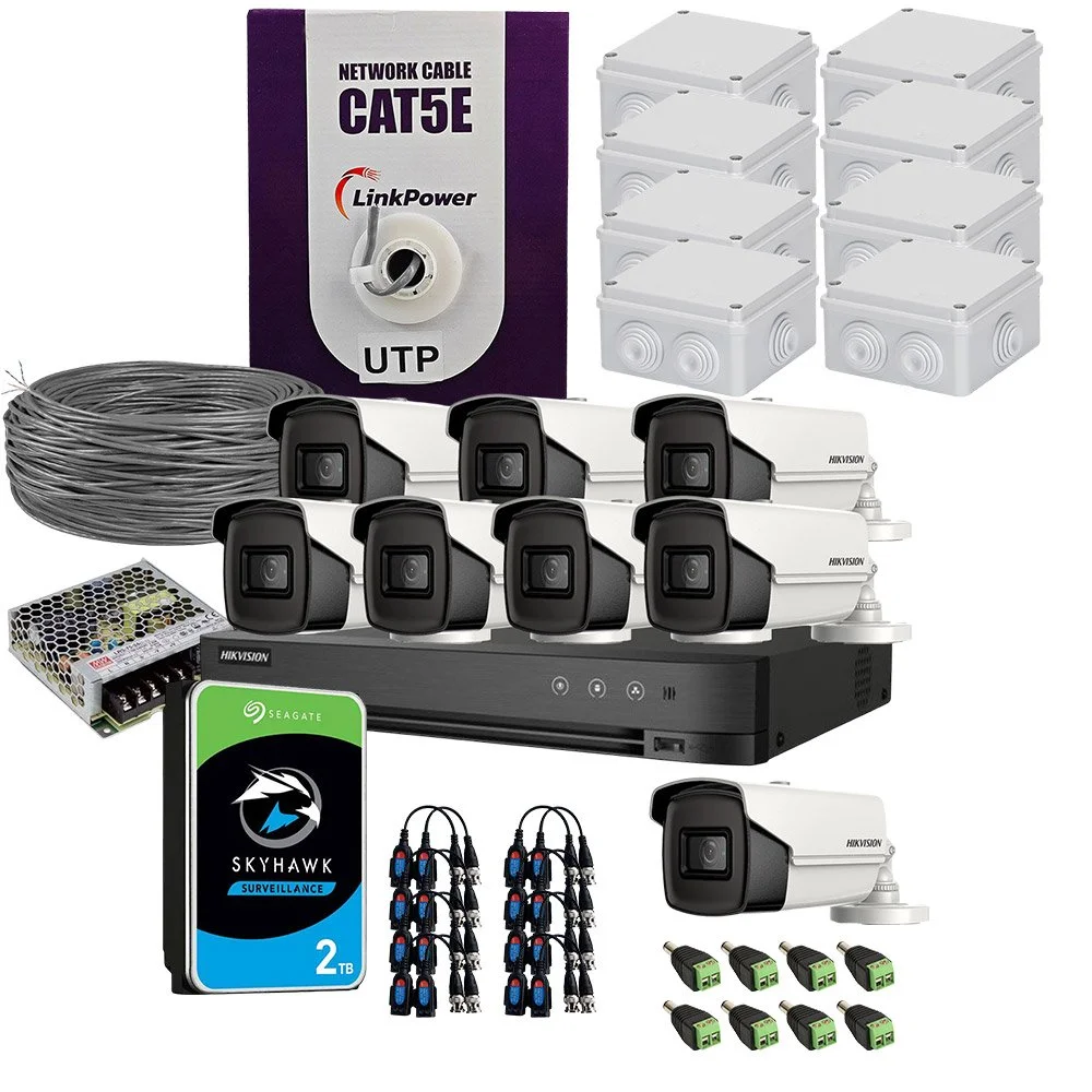 Sistem supraveghere exterior complet HikVision, 8 camere, 5 MP, IR 60 m, 2.8 mm, HDD 2TB