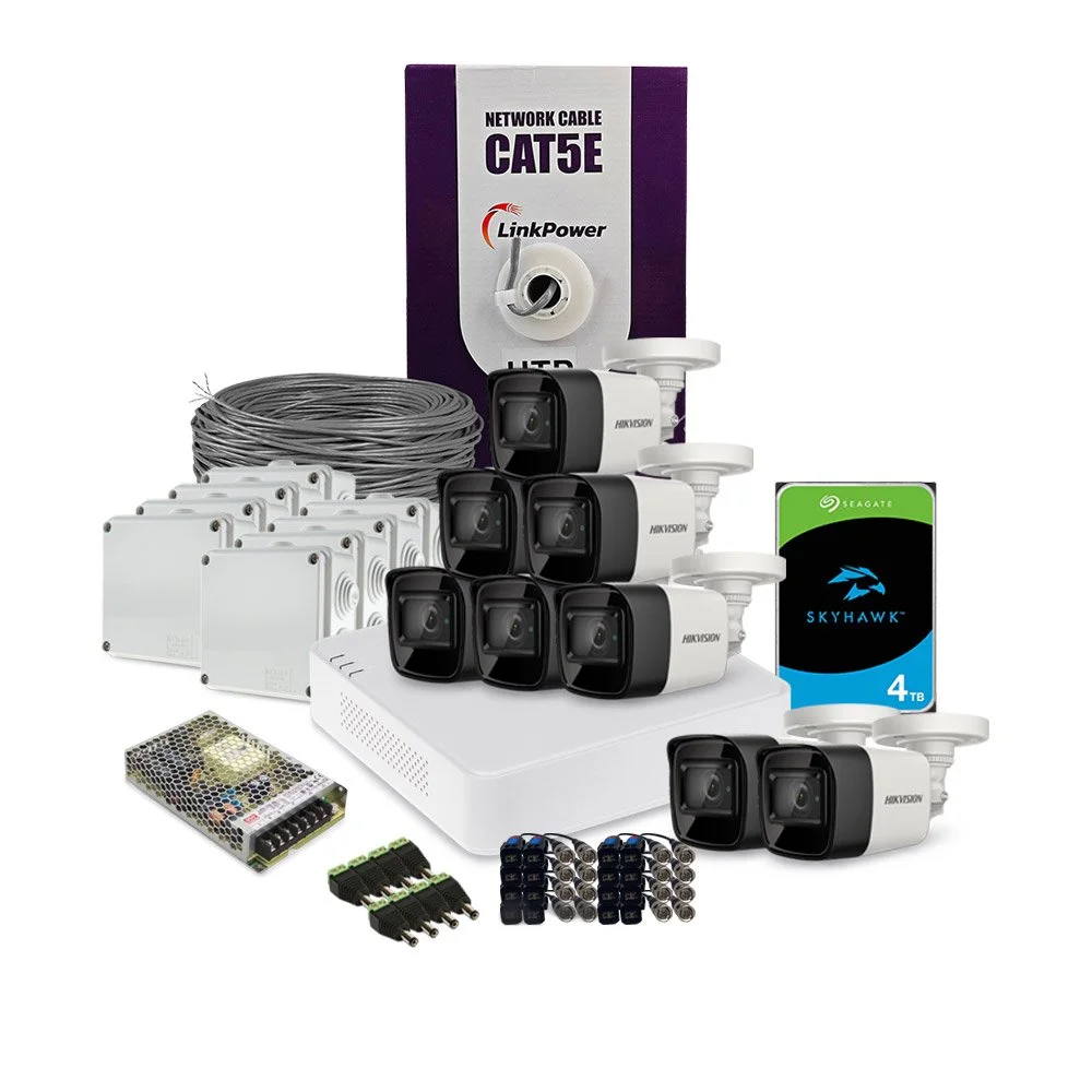 Sistem supraveghere exterior complet HikVision, 8 camere, 8 MP, IR 30 m, 2.8 mm, HDD 4 TB