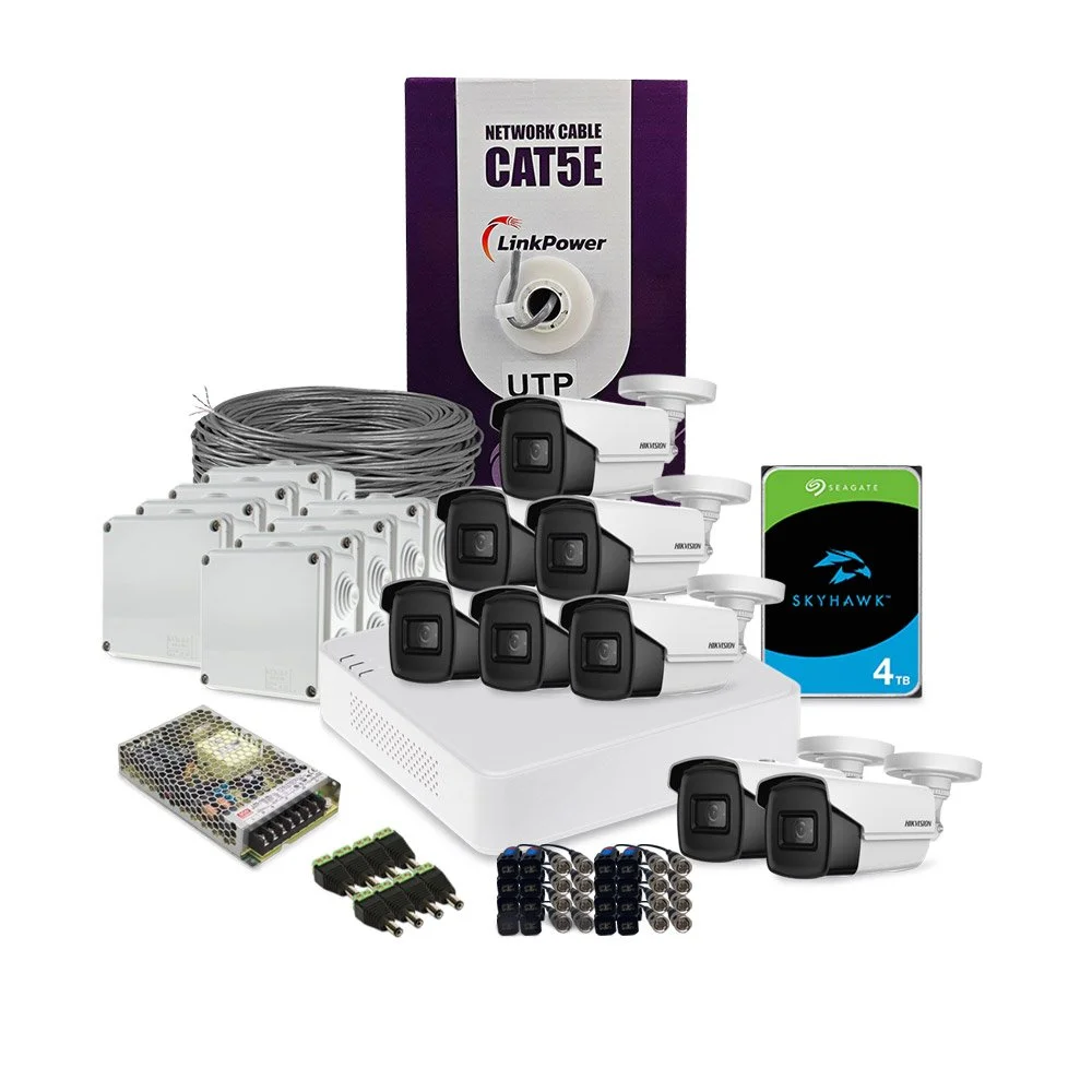 Sistem supraveghere exterior complet HikVision, 8 camere, 8 MP, IR 80 m, 3.6 mm, HDD 4 TB