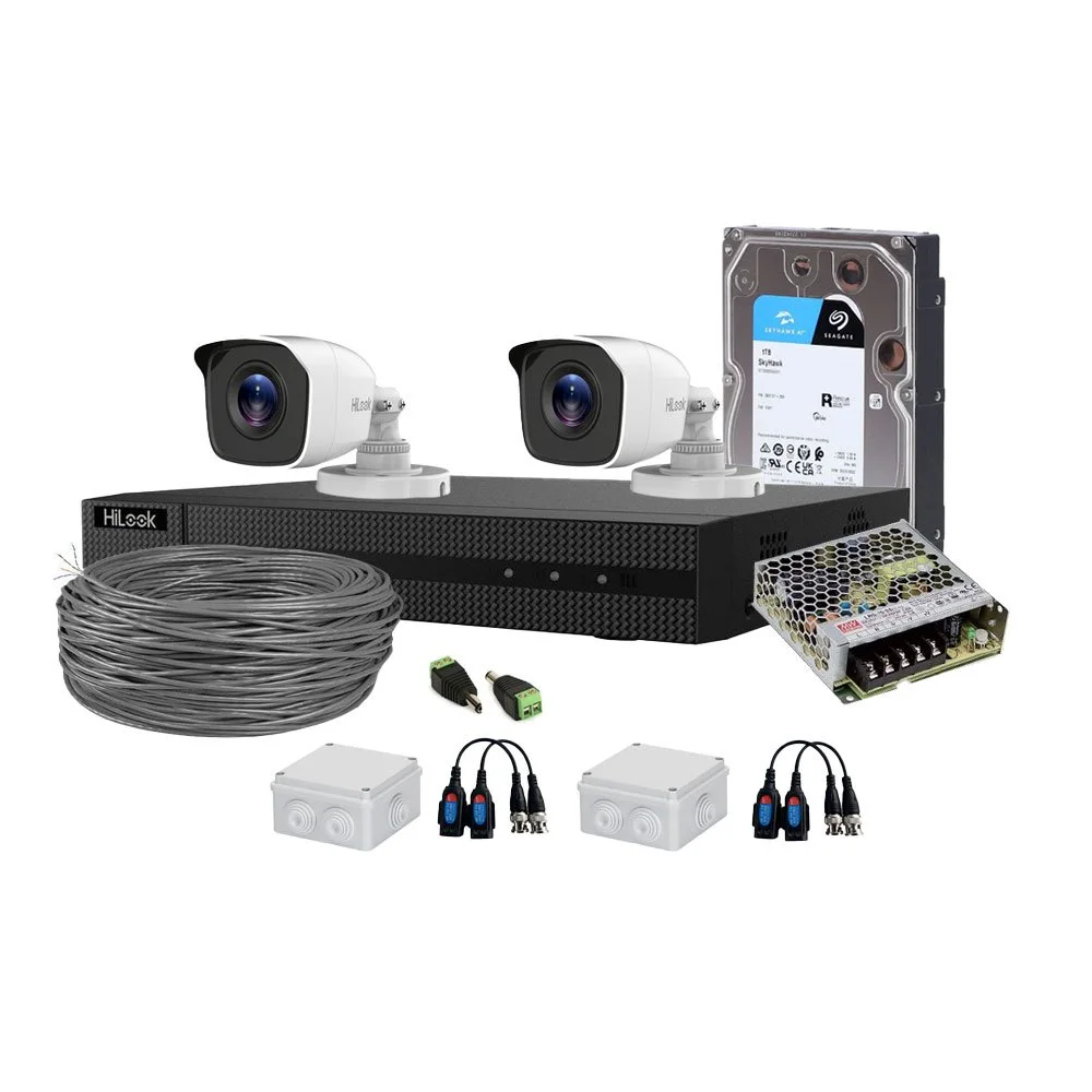 Sistem supraveghere exterior complet HikVision HiLook, 2 camere, 2 MP, 2.8 mm, IR 20 m, HDD 1 TB