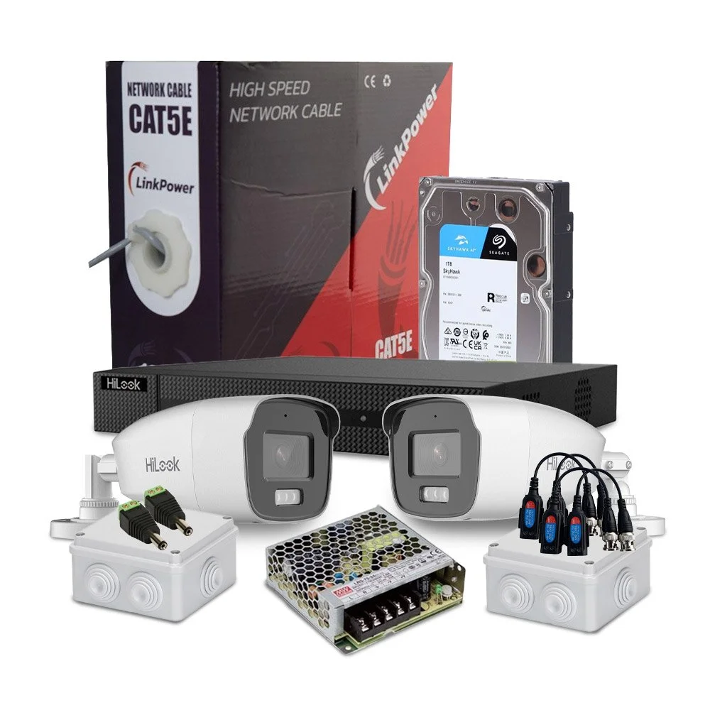Sistem supraveghere exterior complet HikVision HiLook, 2 camere, 2 MP, 2.8 mm, IR/lumina alba 40 m, microfon, HDD 1 TB