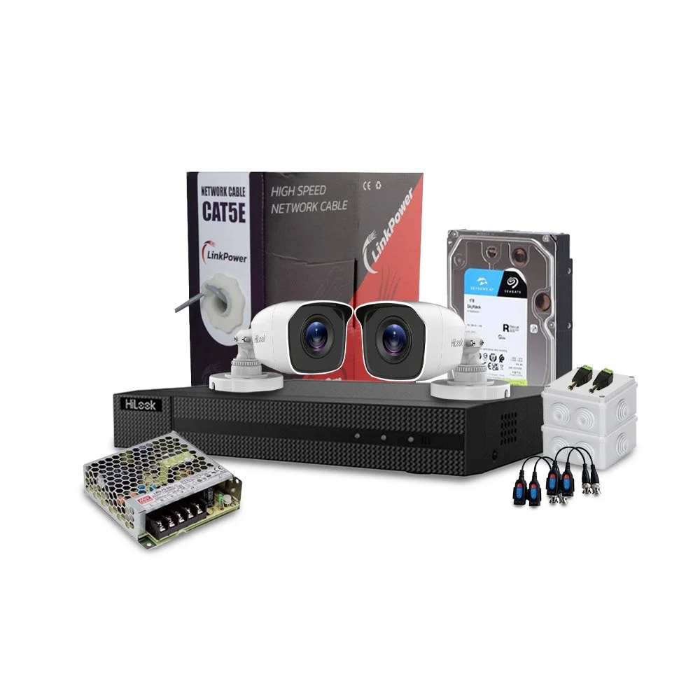 Sistem supraveghere exterior complet HikVision HiLook, 2 camere, 2 MP, IR 20 m, 2.8 mm, HDD 1 TB