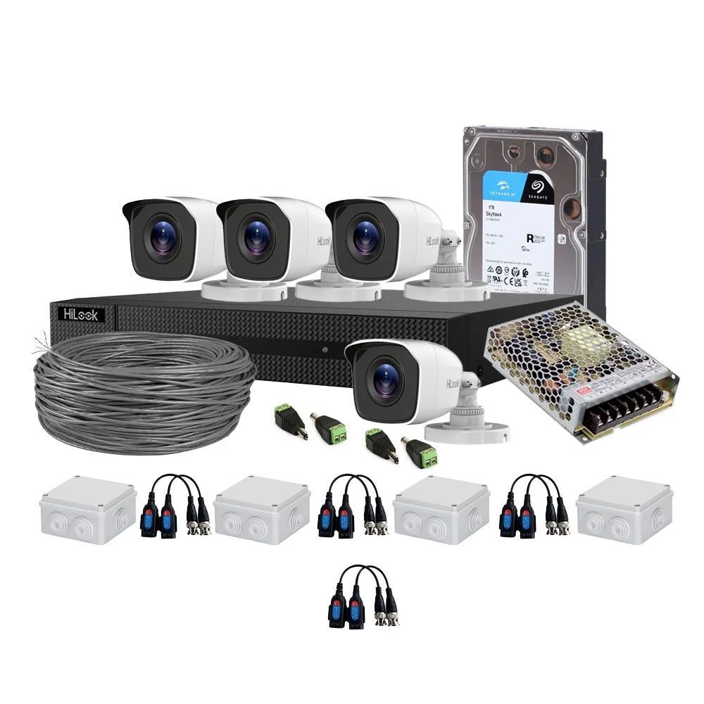 Sistem supraveghere exterior complet HikVision HiLook, 4 camere, 2 MP, 2.8 mm, IR 20 m, HDD 1 TB