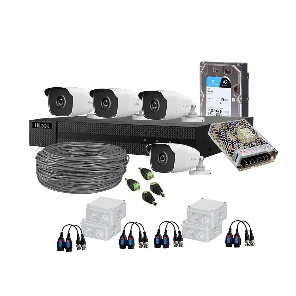 Sistem supraveghere exterior complet HikVision HiLook, 4 camere, 2 MP, 2.8 mm, IR EXIR 40 m, HDD 1 TB