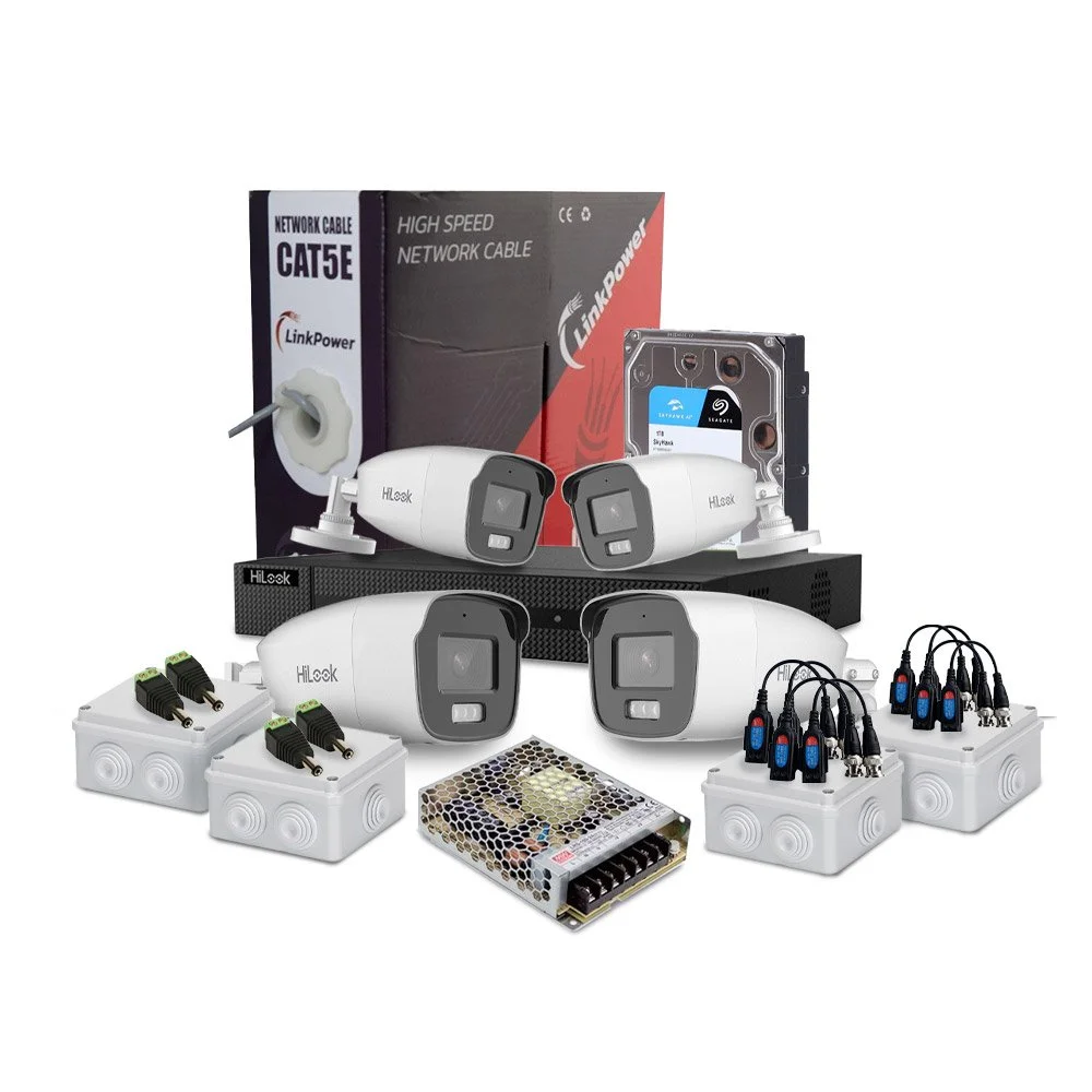 Sistem supraveghere exterior complet HikVision HiLook, 4 camere, 2 MP, 2.8 mm, IR/lumina alba 40 m, microfon, HDD 1 TB