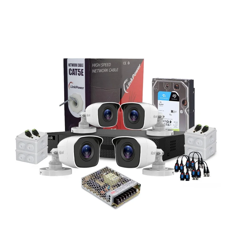 Sistem supraveghere exterior complet HikVision HiLook, 4 camere, 2 MP, IR 20 m, 2.8 mm, HDD 1 TB