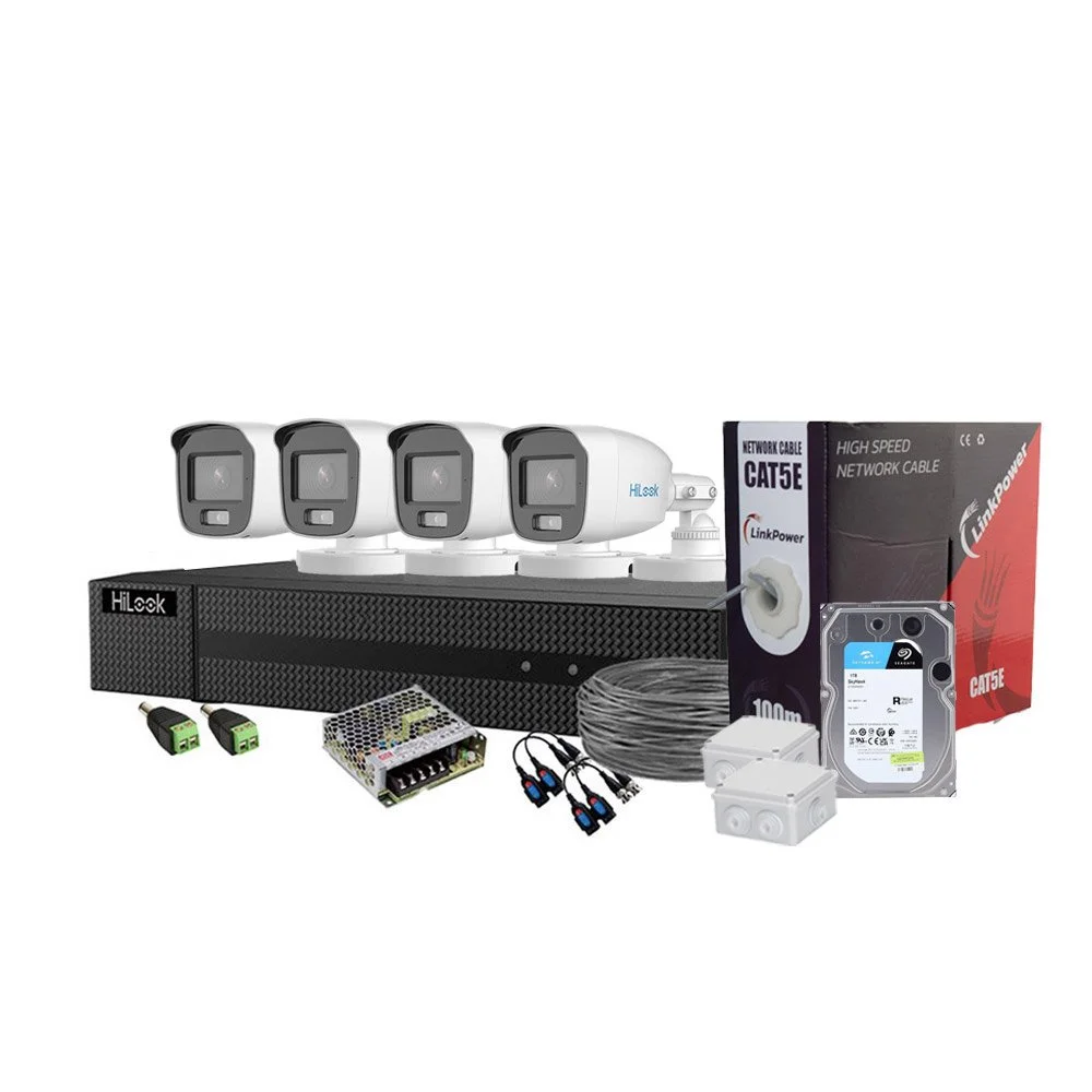 Sistem supraveghere exterior complet Hikvision HiLooK ColorVu KIT-HL-C-4C-C-0006, 3K, 2.8 mm, lumina alba 40 m, microfon, HDD 1TB