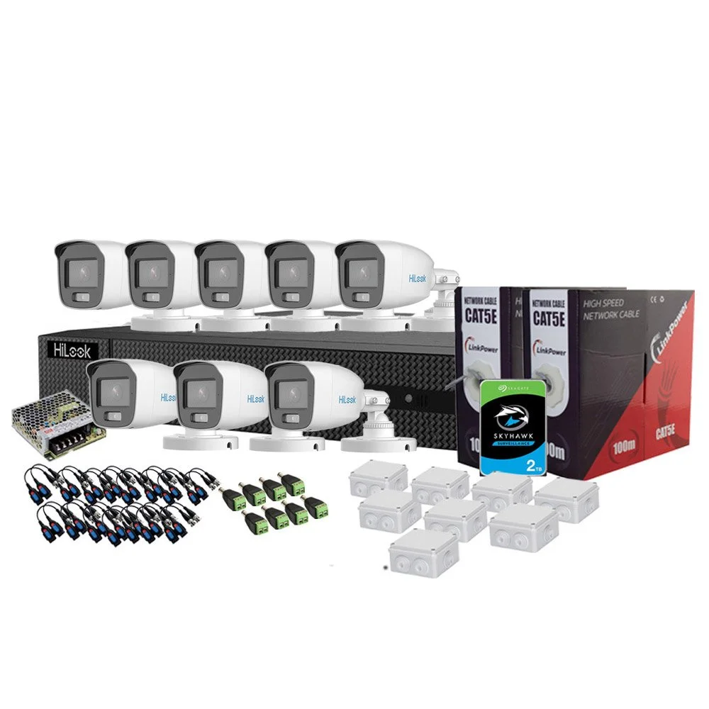 Sistem supraveghere exterior complet Hikvision HiLooK ColorVu KIT-HL-C-8C-C-0006, 3K, 2.8 mm, lumina alba 40 m, microfon, HDD 2TB