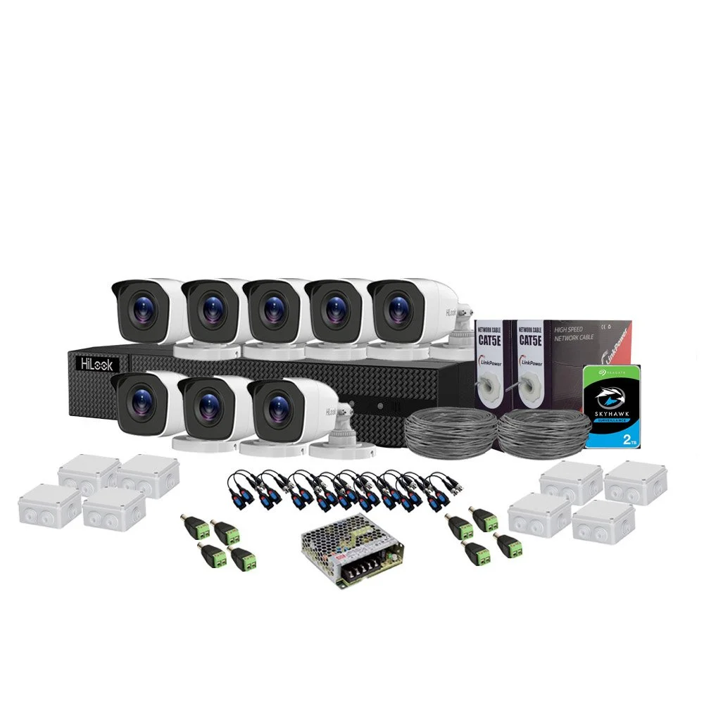 Sistem supraveghere exterior complet Hikvision HiLook KIT-HL-C-8C-C-0003, 5 MP, 2.8 mm, IR 20 m, HDD 2TB