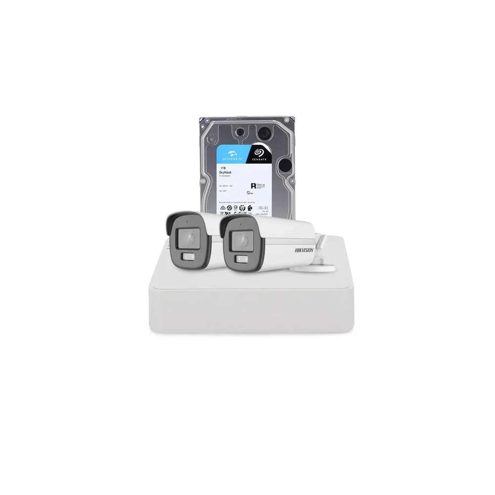 Sistem supraveghere exterior cu HDD 1 TB HikVision, 2 camere, 2 MP, 2.8 mm, IR/lumina alba 40 m, microfon