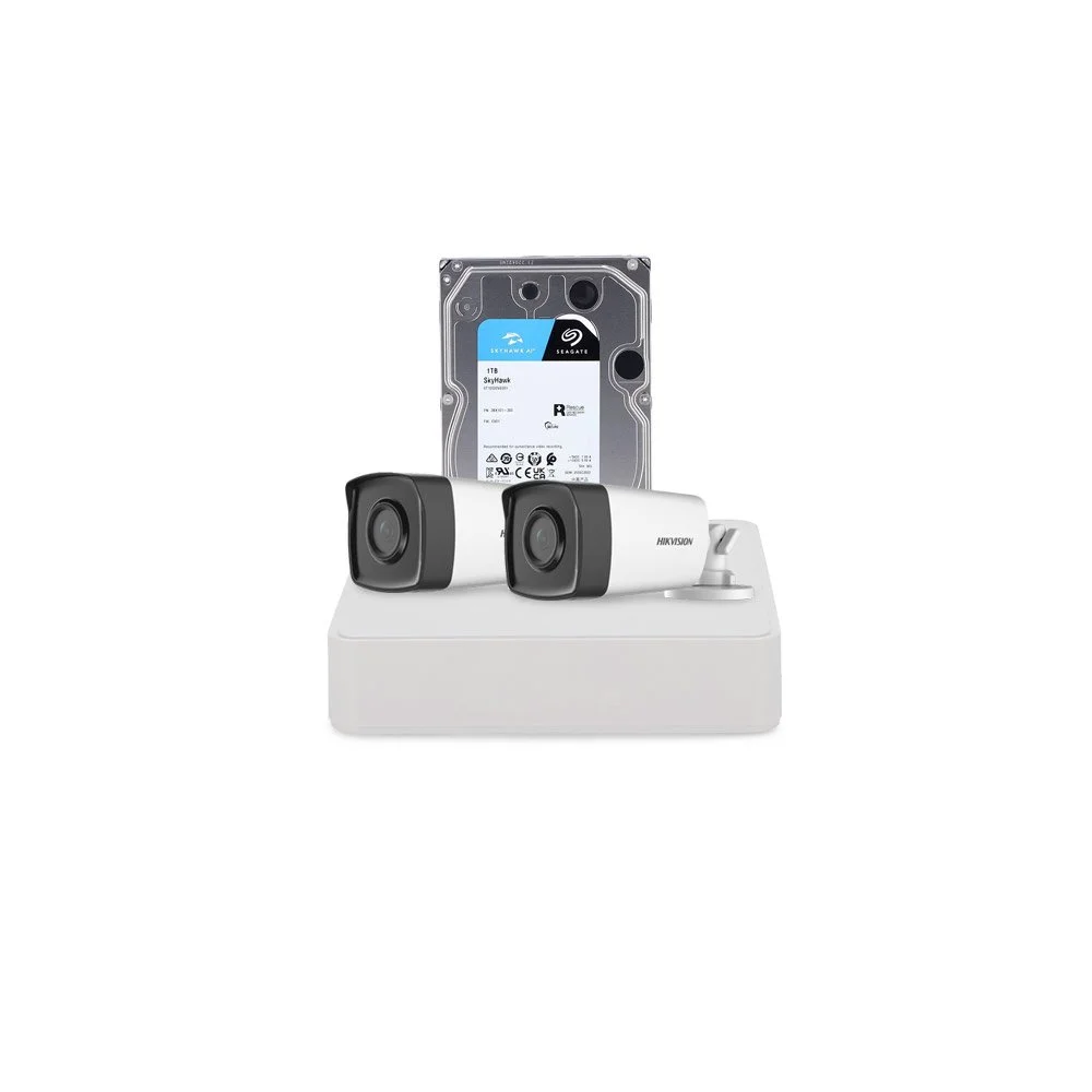 Sistem supraveghere exterior cu HDD 1 TB HikVision, 2 camere, 2 MP, IR 80 m, 3.6 mm
