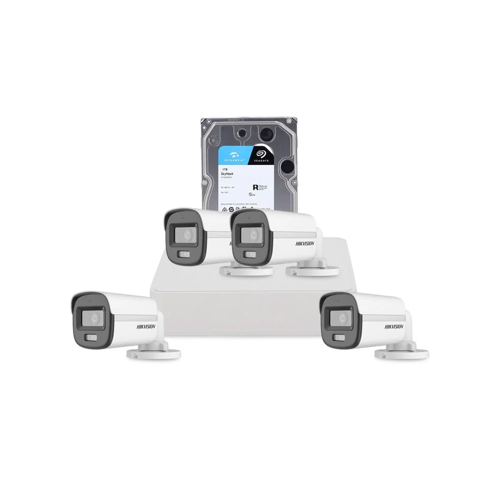 Sistem supraveghere exterior cu HDD 1 TB HikVision, 4 camere, 2 MP, 2.8 mm, IR/lumina alba 20 m, microfon