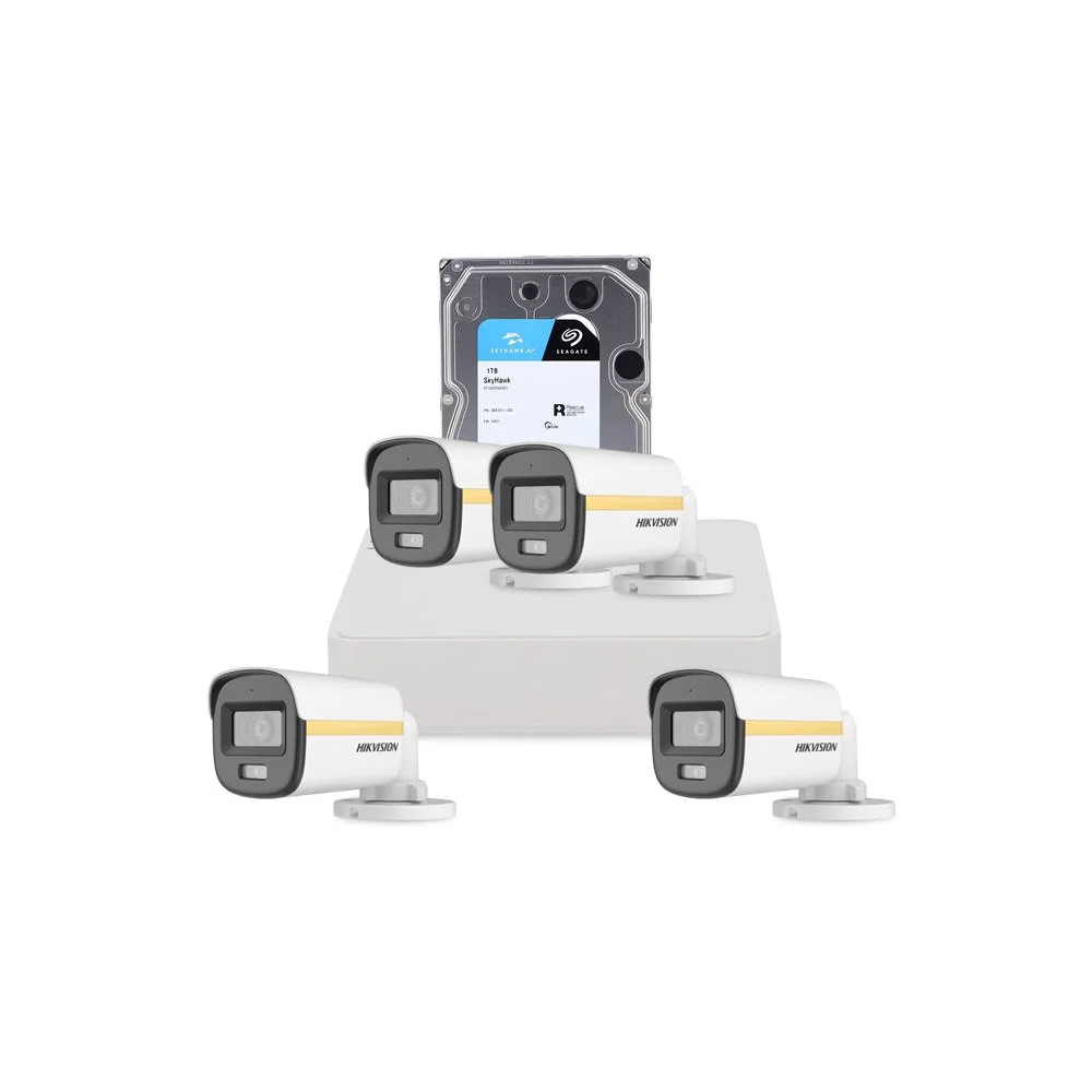 Sistem supraveghere exterior cu HDD 1 TB HikVision, 4 camere, 2 MP, 2.8 mm, IR/Lumina alba 30/20 m, PoC, microfon
