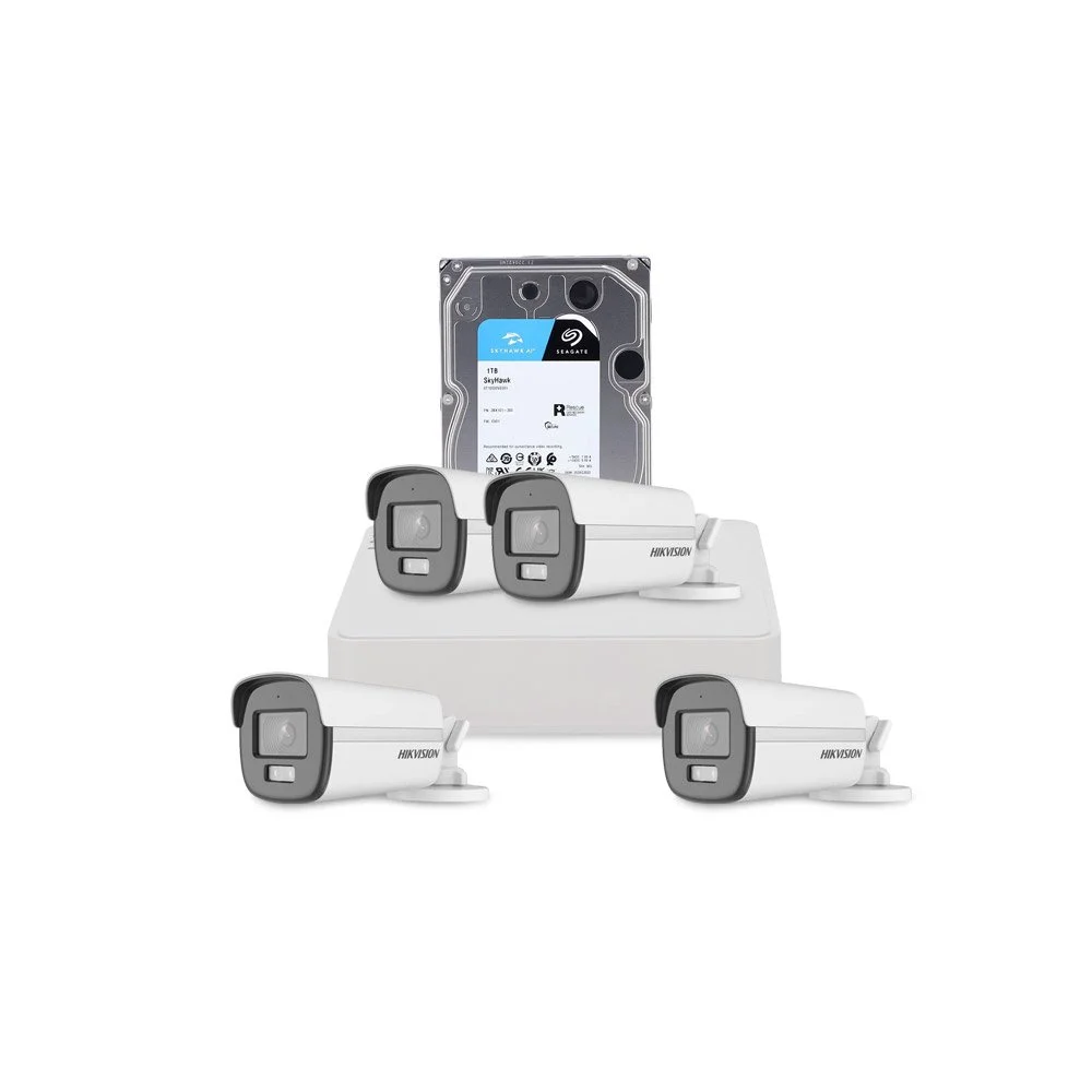 Sistem supraveghere exterior cu HDD 1 TB HikVision, 4 camere, 2 MP, 2.8 mm, IR/lumina alba 40 m, microfon