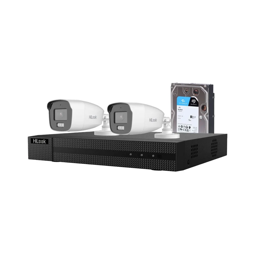 Sistem supraveghere exterior cu HDD 1 TB HikVision HiLook, 2 camere, 2 MP, 2.8 mm, IR/lumina alba 40 m, microfon