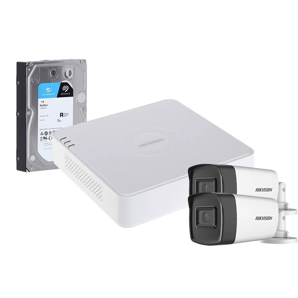 Sistem supraveghere exterior cu HDD 1TB HikVision, 2 camere, 5 MP, IR 40 m, 2.8 mm, microfon