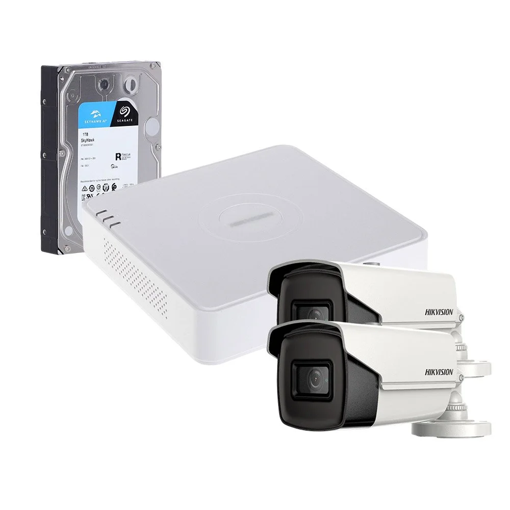 Sistem supraveghere exterior cu HDD 1TB HikVision, 2 camere, 5 MP, IR 60 m, 2.8 mm