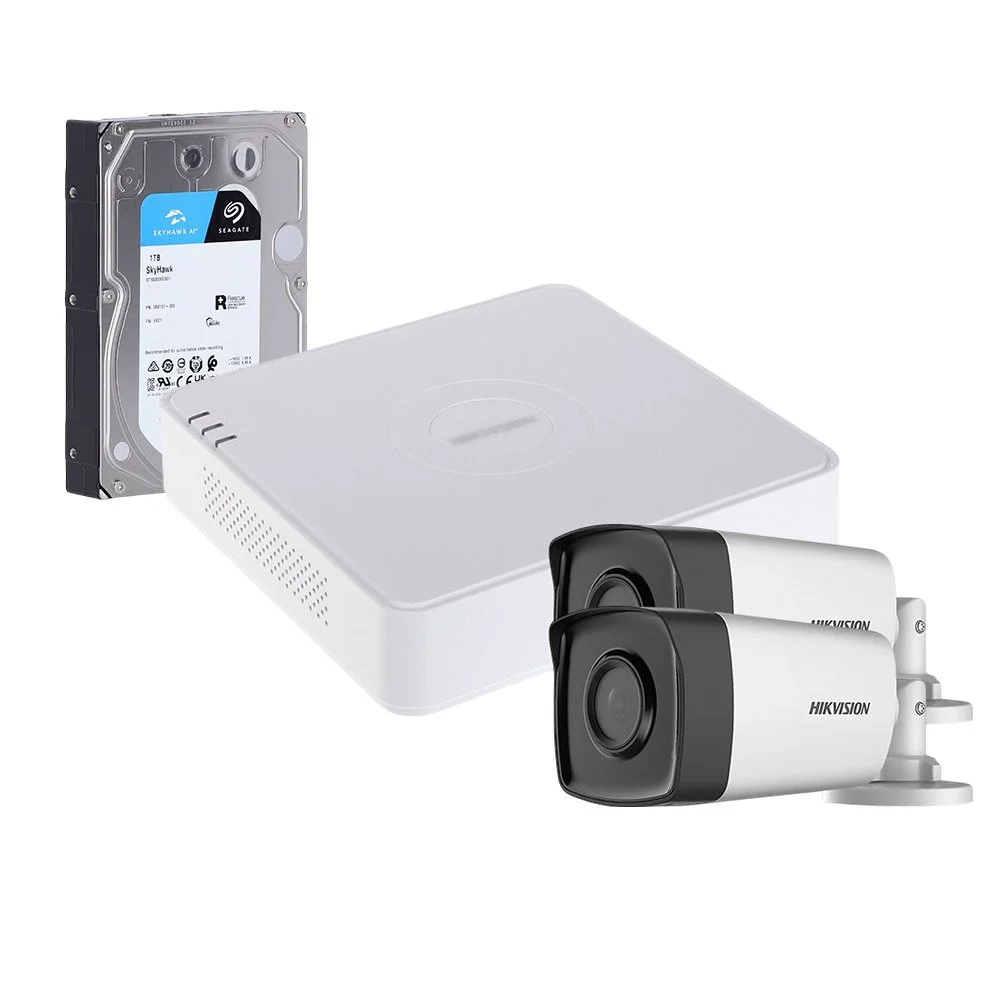 Sistem supraveghere exterior cu HDD 1TB HikVision, 2 camere, 5 MP, IR 80 m, 3.6 mm