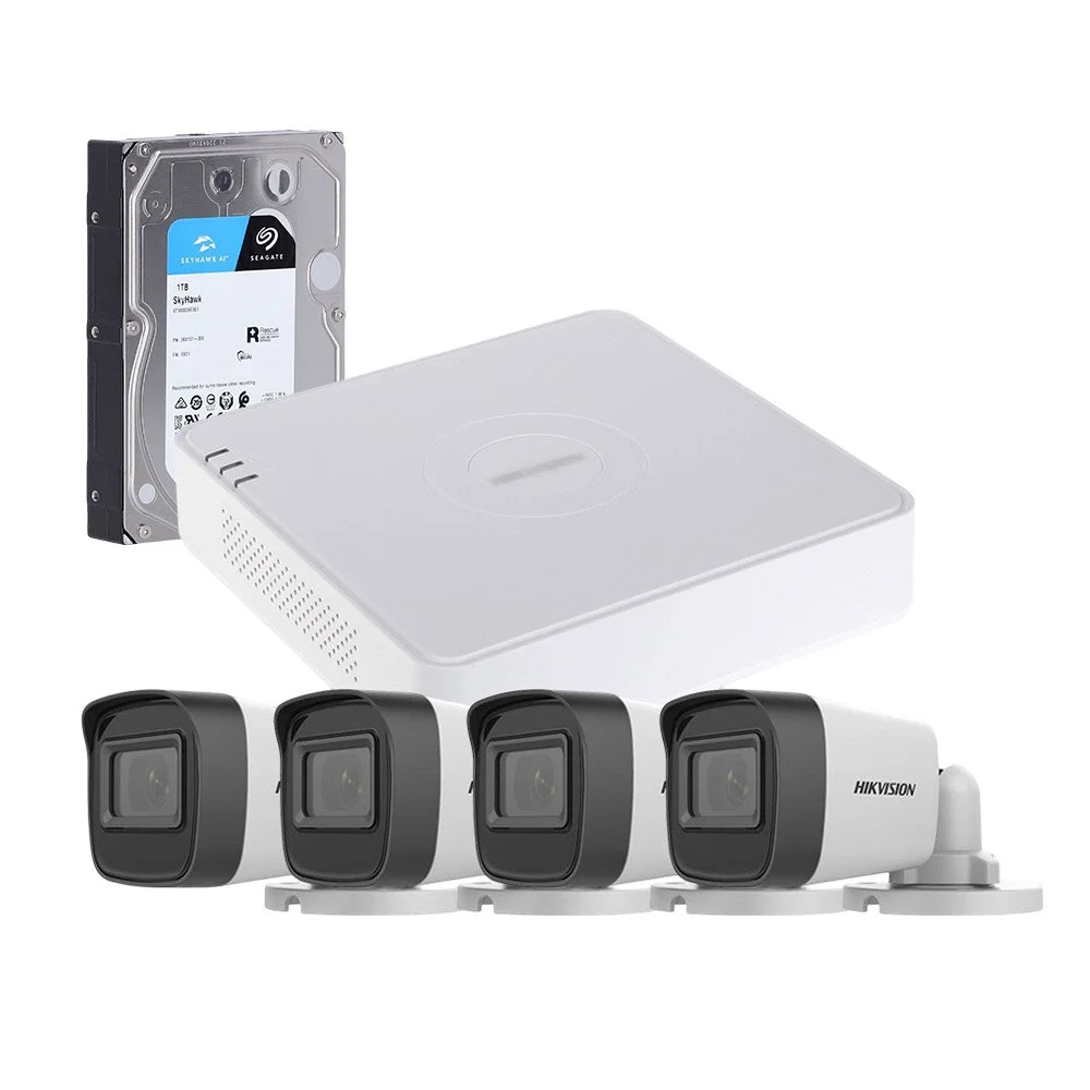 Sistem supraveghere exterior cu HDD 1TB HikVision, 4 camere, 5 MP, IR 20 m, 2.8 mm