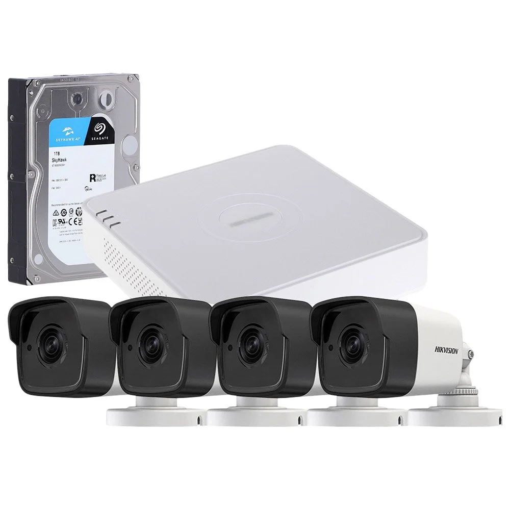 Sistem supraveghere exterior cu HDD 1TB HikVision, 4 camere, 5 MP, IR 30 m, 2.8 mm, microfon