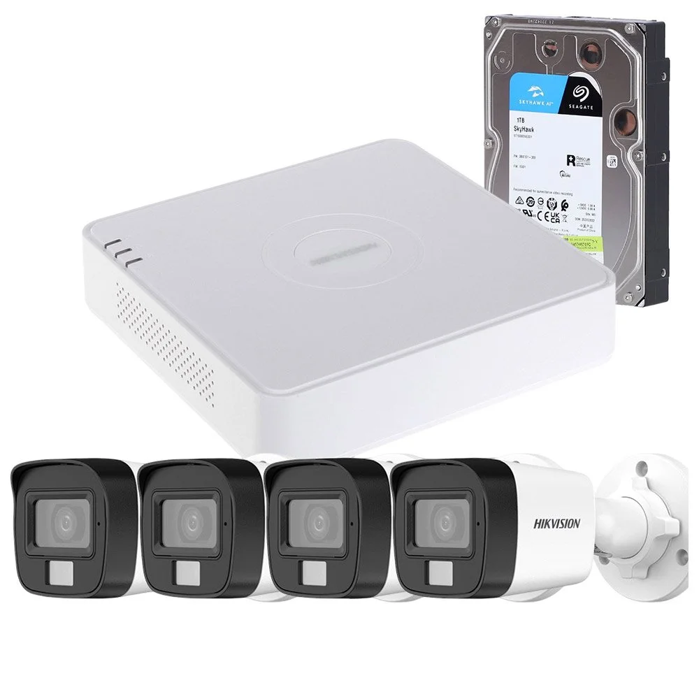 Sistem supraveghere exterior cu HDD 1TB HikVision, 4 camere, 5 MP, IR 30 m, lumina alba 20 m, 2.8 mm, microfon