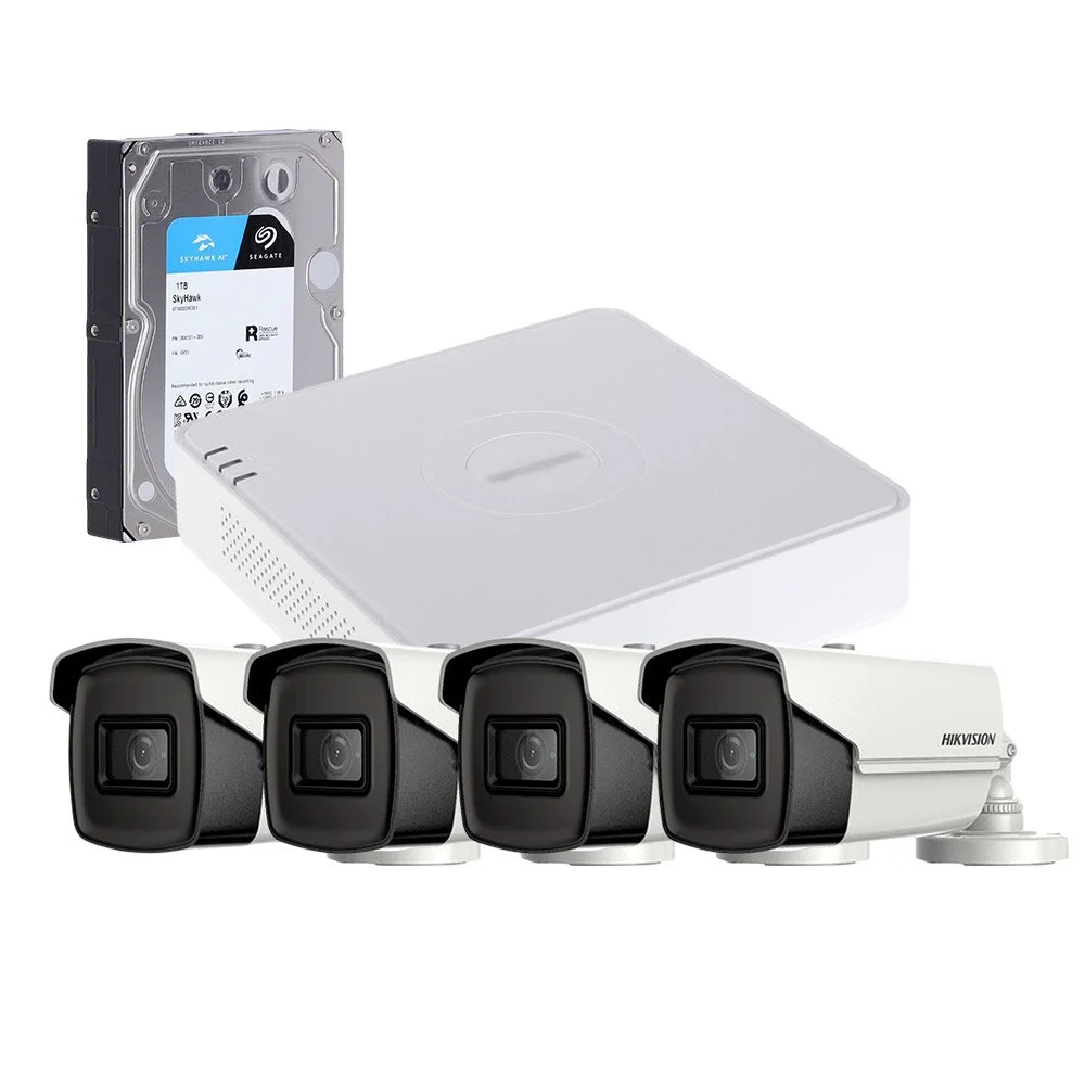 Sistem supraveghere exterior cu HDD 1TB HikVision, 4 camere, 5 MP, IR 60 m, 2.8 mm