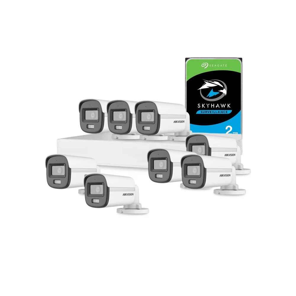 Sistem supraveghere exterior cu HDD 2 TB HikVision, 8 camere, 2 MP, 2.8 mm, IR/lumina alba 20 m, microfon