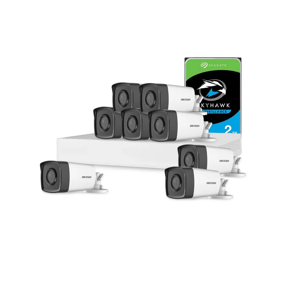 Sistem supraveghere exterior cu HDD 2 TB HikVision, 8 camere, 2 MP, IR 40 m, 2.8 mm