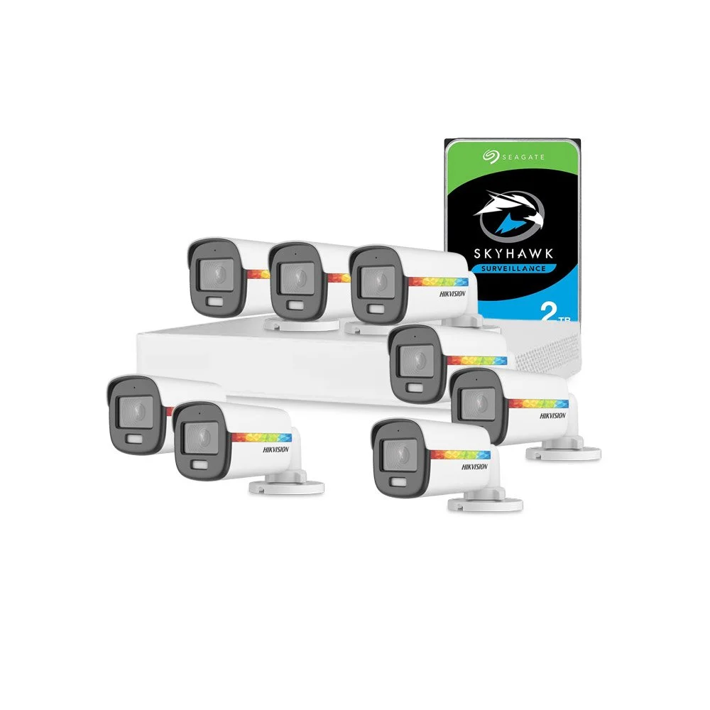 Sistem supraveghere exterior cu HDD 2 TB HikVision, 8 camere, 2 MP, lumina alba 20 m, 2.8 mm, microfon