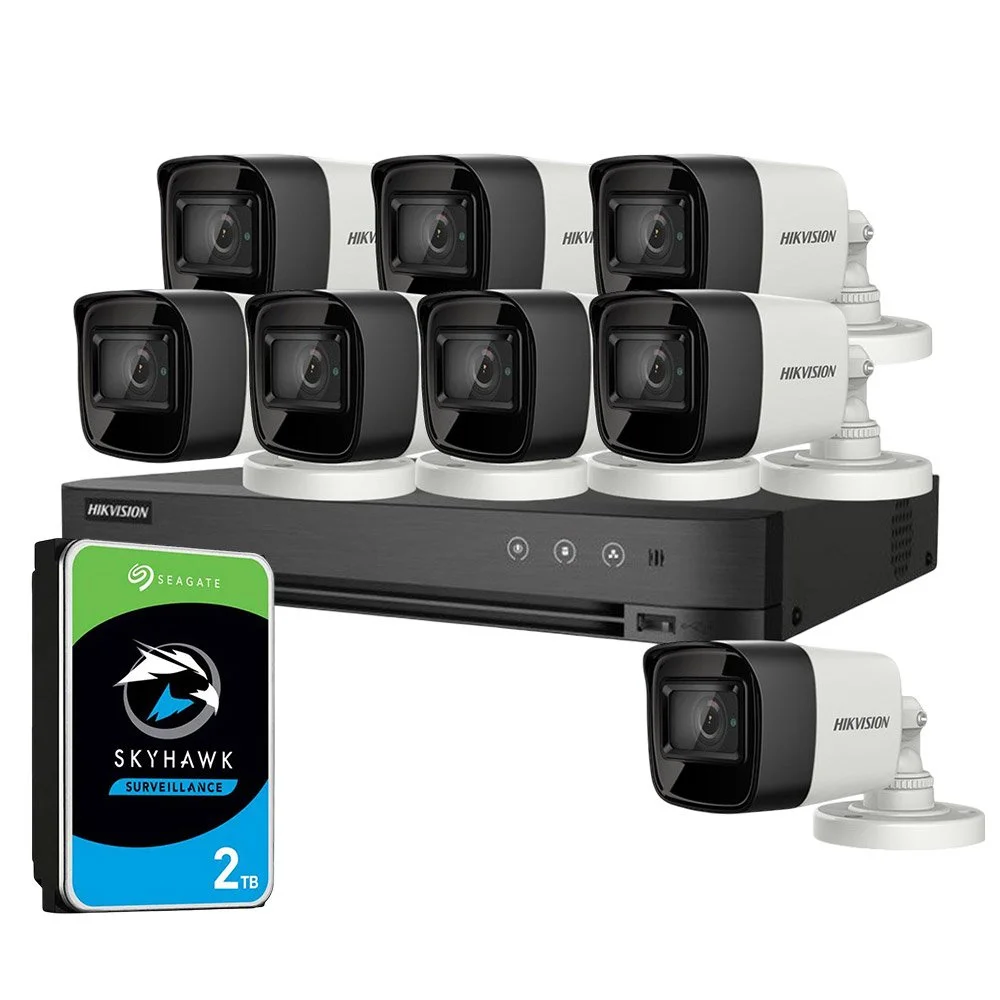 Sistem supraveghere exterior cu HDD 2TB HikVision, 8 camere, 5 MP, IR 30 m, 2.8 mm